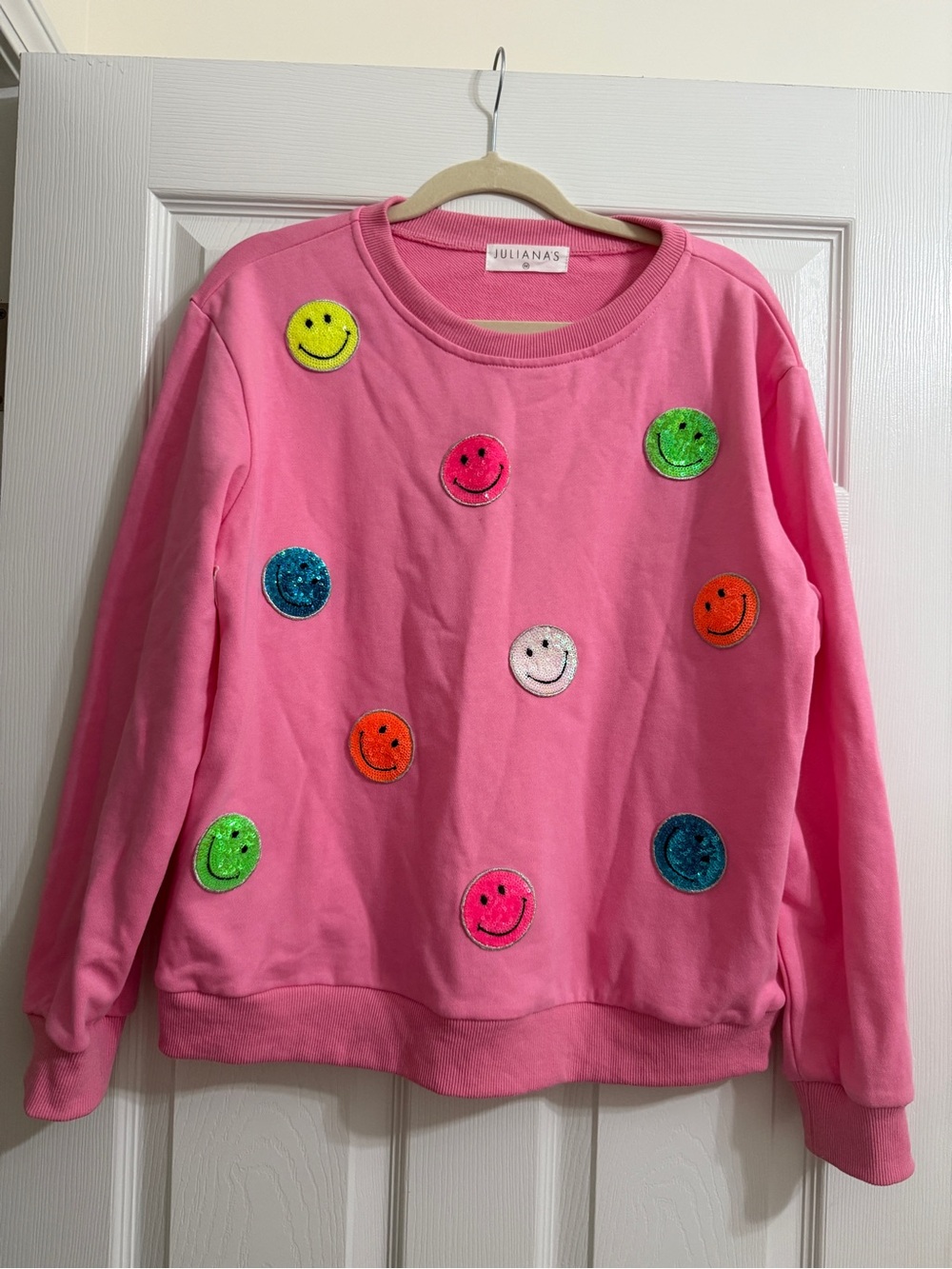 Pink Sequin Smiley Faces Sweatshirt